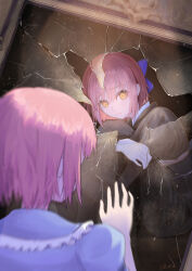  2girls absurdres age_comparison aged_down blue_bow blue_dress bow broken_glass broken_mirror brown_kimono dress dual_persona frilled_dress frills glass hair_bow half_updo hand_up highres hugging_own_legs japanese_clothes kimono kohaku_(tsukihime) looking_at_another looking_at_mirror maid melty_blood mirror multiple_girls red_hair res_ssss short_hair time_paradox tsukihime tsukihime_(remake) type-moon wa_maid 