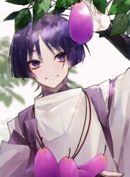  1boy armor blunt_ends bow clothing_cutout colored_eyelashes curled_fingers ego_(ego_inp) eyeliner eyeshadow fingernails genshin_impact hand_up highres japanese_armor japanese_clothes kimono kote kurokote lavender_melon_(genshin_impact) layered_sleeves leaf leaning_to_the_side looking_at_viewer makeup male_focus mandarin_collar purple_bow purple_hair purple_kimono purple_sleeves red_eyeliner red_eyeshadow scaramouche_(genshin_impact) scaramouche_(kabukimono)_(genshin_impact) shoulder_cutout solo tasuki tree_shade tsurime upper_body violet_eyes white_sleeves wispy_bangs 