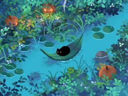  animated animated_gif black_cat breathing cat curled_up decomposedmaw floating ghost ghost_tail glowing_motes grass halloween happy_halloween jack-o&#039;-lantern leaf lily_pad night o_o original outdoors partially_submerged pixel_art pixelated pond pumpkin reeds ripples rock simple_fish yawning 