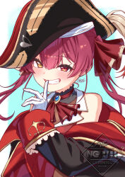  1girl black_hat black_jacket blush cropped_jacket finger_to_mouth hat heterochromia highres hololive houshou_marine houshou_marine_(1st_costume) jacket kisuke_(nie) leotard leotard_under_clothes long_hair looking_at_viewer pirate_hat red_eyes red_hair red_jacket red_ribbon ribbon sleeveless sleeveless_jacket smile solo twintails virtual_youtuber yellow_eyes 