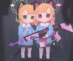  2girls aged_down animal_ears battle_rifle black_skirt blonde_hair blue_archive blue_shirt blush brown_footwear cat_ears cat_tail closed_mouth commentary fake_animal_ears fake_tail female_child green_eyes green_halo gun h&amp;k_g3 highres holding holding_weapon kindergarten_uniform long_sleeves middletwo midori_(blue_archive) momoi_(blue_archive) multiple_girls neck_ribbon pink_halo pleated_skirt ribbon rifle shirt short_hair skirt socks tail violet_eyes wavy_mouth weapon white_socks 