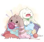  blanket closed_eyes digimon digimon_(creature) highres knitting_needle lopmon needle no_humans open_mouth simple_background terriermon watermark yarn yarn_ball yawning youzaiyouzai112 