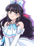  1girl ascot black_hair blue_eyes blush bow cosplay cure_prism cure_prism_(cosplay) delicious_party_precure dress earrings elbow_gloves glove_bow gloves hirogaru_sky!_precure jewelry kasai_amane long_hair looking_at_viewer magical_girl precure smile solo upper_body white_ascot white_background white_dress white_gloves wing_hair_ornament yui_u86 
