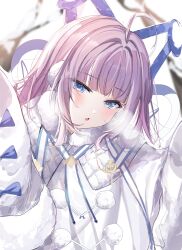 1girl :o absurdres ahoge animal_ears azur_lane backlighting blue_eyes blurry blurry_background blush coat commentary_request day fake_animal_ears fur-trimmed_coat fur-trimmed_sleeves fur_trim highres long_hair long_sleeves looking_at_viewer open_mouth outdoors puff_of_air purple_hair ribbon sleeves_past_fingers sleeves_past_wrists snow solo suimo_(suimodayo) tashkent_(azur_lane) tree very_long_sleeves white_coat winter winter_clothes 