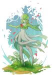  1girl falling_petals gardevoir green_hair looking_at_viewer medium_hair on_grass petals pokemon pokemon_(creature) red_eyes smile solo standing tomaire 