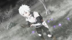  1boy anime_coloring armor backpack bag bare_tree bell_cranel belt black_gloves black_pants black_shirt boots breastplate brown_boots couter danmachi_battle_chronicle dungeon_ni_deai_wo_motomeru_no_wa_machigatteiru_darou_ka faulds fog game_cg gloves grey_background grey_belt highres looking_at_hands male_focus non-web_source official_art pants parted_lips pauldrons pouch red_eyes shirt short_hair shoulder_armor solo standing thigh_pouch tree vambraces white_hair 