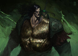  1boy absurdres armor artist_name artstation_logo artstation_username black_hair chain chain_around_neck closed_mouth commentary english_commentary gem gold_armor green_eyes green_gemstone green_theme highres instagram_logo instagram_username large_pectorals long_hair long_sword lost_primarch muscular muscular_male ornate_armor patreon_logo patreon_username pauldrons pectorals potoq power_armor primarch roman_numeral scale_armor shoulder_armor simple_background solo sword sword_on_back twitter_logo twitter_username warhammer_40k weapon weapon_on_back 