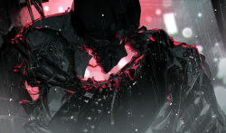  backlighting blurry bokeh brick_wall cigarette cigarette_kiss commentary_request depth_of_field dutch_angle highres lighting_cigarette limited_palette male_focus mouth_hold mura_karuki original outdoors rain red_eyes skeleton smoking 