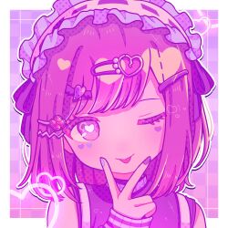  1girl ;p bare_shoulders blue_nails border bright_pupils checkered_background closed_mouth commentary facial_mark frilled_hairband frills hair_ornament hairband halftone heart heart-shaped_pupils heart_facial_mark heart_hair_ornament highres long_sleeves medium_hair multicolored_nails nail_polish negai_wa_itsuka_asa_wo_koete_(project_sekai) official_alternate_costume one_eye_closed outline outside_border pink_eyes pink_hair portrait project_sekai puffy_long_sleeves puffy_sleeves purple_background purple_nails purple_sweater shinonome_ena simple_background smile solo sparkle sweater swept_bangs symbol-only_commentary symbol-shaped_pupils tongue tongue_out turtleneck turtleneck_sweater v v_over_mouth white_border white_hairband white_outline white_pupils yo_(wetpotatosunsun) 