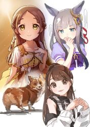  3girls absurdres animal_ears blue_eyes blush brown_eyes brown_hair chrono_genesis_(umamusume) collarbone commentary_request gakuen_idolmaster grey_hair hair_between_eyes hair_ornament highres horse_ears idolmaster kuramoto_china mochiusasa multiple_girls portrait real_life school_uniform shuto_yukina smile tracen_school_uniform umamusume voice_actor welsh_corgi white_background 