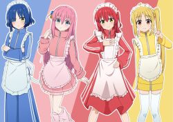  4girls ahoge apron baggy_pants blonde_hair blue_eyes blue_hair blue_track_suit bocchi_the_rock! commentary_request crossed_arms cube_hair_ornament dress frilled_apron frilled_dress frills gotoh_hitori green_eyes hair_between_eyes hair_ornament hairclip hand_on_own_chest hand_on_own_hip hand_up highres ijichi_nijika jacket jersey_maid kessoku_band kita_ikuyo leg_warmers light_blush light_frown long_hair long_sleeves looking_at_viewer maid maid_apron maid_headdress mole mole_under_eye multiple_girls one_side_up outline pants parallel_hairclips pink_dress pink_hair pink_jacket pink_leg_warmers red_dress red_eyes red_hair red_jacket short_hair side_ponytail sidelocks simple_background smile standing standing_on_one_leg tareme thigh-highs track_jacket track_suit turtleneck turtleneck_jacket unconventional_maid v very_long_hair wanigi white_apron white_outline white_thighhighs yamada_ryo yellow_dress yellow_eyes yellow_jacket zipper zipper_pull_tab 