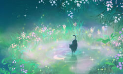  animal animal_focus black_cat blossoms cat commentary cool_colored crescent_moon faux_traditional_media forest garden grass haze moon moonlight nature night night_sky original outdoors pond reflection reflective_water ripples scenery sky sugarmintdreams tree water 