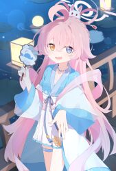 1girl absurdres ahoge alternate_costume blue_archive blue_eyes blush chinese_clothes crossed_bangs fang full_moon hagoromo hair_between_eyes hair_ornament halo hand_fan hanfu heterochromia highres holding holding_fan hoshino_(blue_archive) huge_ahoge japanese_clothes lantern long_hair long_sleeves looking_at_viewer moon open_mouth paper_fan paper_lantern pink_hair pink_halo pleated_skirt rabbit_hair_ornament sash shawl skin_fang skirt smile solo thigh_strap uchiwa white_skirt wide_sleeves yellow_eyes zizhucan 