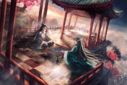  1boy 1girl above_clouds absurdres artskiddy69 character_request cherry_tree chopsticks clouds crossed_legs elbows_on_knees fence fog full_body hair_bun highres mountainous_horizon on_ground painterly playing reverend_insanity robe shrine sitting table wooden_fence 