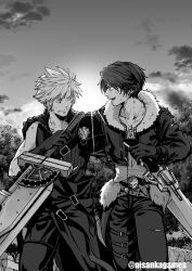  2boys after_battle arm_around_shoulder armor belt black_cape black_gloves black_jacket black_pants black_vest cape closed_mouth cloud_strife cowboy_shot cropped_jacket dirty dirty_face dissidia_final_fantasy fenrir_(final_fantasy) final_fantasy final_fantasy_vii final_fantasy_vii_advent_children final_fantasy_viii fur-trimmed_jacket fur_trim fusion_swords gloves greyscale gunblade highres holding holding_sword holding_weapon jacket male_focus monochrome multiple_belts multiple_boys nisankagames open_mouth outdoors pants pauldrons shirt short_hair shoulder_armor single_bare_shoulder single_pauldron smile spiky_hair squall_leonhart sword thigh_belt thigh_strap twintails vest waist_cape weapon white_shirt 