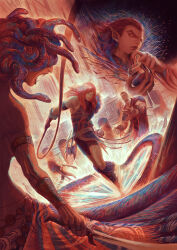  alcohol aleksi_remes artist_name axe bat_(animal) castlevania_(series) chain commentary cross cup dracula_(castlevania) drinking_glass fingernails frankenstein's_monster gloves highres holding holding_sword holding_weapon holding_whip long_hair medusa_(castlevania) pointy_ears sharp_fingernails sharp_teeth simon_belmont snake sword teeth weapon werewolf_(castlevania) wine wine_glass 