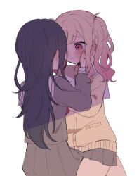  2girls black_hair blonde_hair blush cardigan commentary dot_nose eye_contact face-to-face gradient_hair grey_serafuku hands_on_another&#039;s_face highres hoshino_ichika_(project_sekai) long_hair long_sleeves looking_at_another miyamasuzaka_girls&#039;_academy_school_uniform mu_ri003 multicolored_hair multiple_girls neckerchief orange_cardigan pink_eyes pink_hair pleated_skirt project_sekai sailor_collar school_uniform serafuku simple_background skirt straddling tenma_saki twintails upright_straddle white_background yuri 