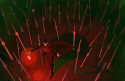  1boy black_coat black_hair boots coat from_above full_body glowing highres holding holding_lantern lantern omniscient_reader's_viewpoint open_clothes open_coat outstretched_arms planted planted_sword popped_collar serious short_hair sword tangerinegod too_many_weapons walking weapon wind wind_lift yoo_joonghyuk 