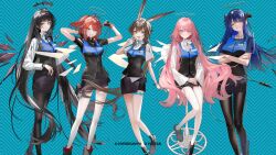  5girls absurdres amiya_(arknights) angel animal_ears arknights black_eyes black_hair black_halo black_pantyhose black_shirt black_skirt black_vest blue_background blue_eyes blue_hair breasts brown_hair chair demon_horns demon_tail detached_wings english_commentary exusiai_(arknights) halo highres horns large_breasts lemuen_(arknights) lineup long_hair medium_breasts miniskirt mostima_(arknights) multiple_girls nishikikope official_art on_chair orange_eyes pantyhose pencil_skirt pink_eyes pink_hair rabbit_ears rabbit_girl red_hair shirt short_hair side_ponytail sitting skirt tail thigh-highs thigh_strap v very_long_hair vest virtuosa_(arknights) white_pantyhose white_shirt white_thighhighs wings 