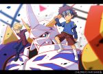  2boys blonde_hair blue_eyes blue_pants blue_shirt brown_eyes brown_footwear brown_hair brown_shorts copyright_name debris digimon digimon_adventure digimon_adventure:_bokura_no_war_game english_text frown goggles goggles_on_head highres horns ishida_yamato letterboxed long_sleeves male_focus multiple_boys mushina_suzume omegamon pants red_shirt shirt shirt_under_shirt short_hair shorts smile socks standing_on_shoulder white_socks yagami_taichi 