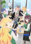  6+girls april_fools book chibana_sumika highres holding holding_book keyboard_(computer) koshiba_mai mamiya_kanoko manga_(object) monitor mouse_(computer) multiple_girls office_lady official_art one_eye_closed sachi_tachibana shiraki_hime table watashi_no_yuri_wa_oshigoto_desu! yano_mizuki 