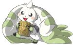  blush book digimon digimon_(creature) digimon_ghost_game highres holding holding_book open_mouth shirt simple_background softkeychains solo terriermon walking white_background white_shirt 