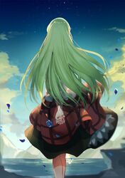  1girl arms_behind_back blue_flower blue_petals brown_skirt c.c. clouds creayus floating_hair flower green_hair holding_hands landscape long_hair looking_back mountain ocean skirt sky solo star_(sky) wind 