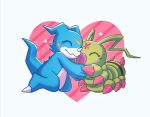  burritosalad closed_eyes digimon digimon_(creature) heart highres hug kneeling no_humans simple_background smile veemon white_background wormmon 