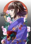  1girl artist_name blunt_bangs brown_eyes brown_hair character_request dated floral_print flower highres japanese_clothes kengan_(series) kengan_ashura kimono medium_hair mito_amatsu profile purple_kimono solo upper_body 