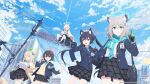  5girls animal_ears ayane_(blue_archive) blue_archive blue_sky cat_ears cat_girl cityscape closed_eyes clouds cloudy_sky english_text halo highres hoshino_(blue_archive) multiple_girls nonomi_(blue_archive) official_art pleated_skirt pointy_ears road_sign ruins scarf school_uniform serika_(blue_archive) shiroko_(blue_archive) sign skirt sky traffic_light wolf_ears wolf_girl 
