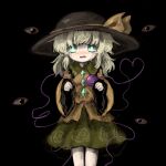  1girl black_background black_headwear blouse blush bow bright_pupils buttons crying crying_with_eyes_open darkness diamond_button disembodied_eye eyeball feet_out_of_frame floral_print frilled_shirt_collar frilled_sleeves frills frown green_eyes green_skirt hands_up hat hat_bow hat_ribbon heart heart_of_string heripantomorrow komeiji_koishi light_green_hair long_sleeves looking_at_viewer medium_hair nose_blush open_mouth ribbon rose_print shirt sidelocks simple_background skirt sleeves_past_wrists solo standing tears third_eye touhou wavy_hair wide_sleeves yellow_bow yellow_ribbon yellow_shirt 