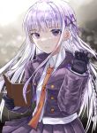  1girl absurdres black_gloves book braid brown_necktie buttons collared_shirt danganronpa:_trigger_happy_havoc danganronpa_(series) gloves grey_hair hair_ribbon hand_up highres holding holding_book hollowgeek jacket kirigiri_kyouko long_hair long_sleeves looking_at_viewer multicolored_background necktie open_book open_clothes open_jacket pleated_skirt purple_hair purple_ribbon ribbon shirt side_braid skirt solo violet_eyes white_shirt 