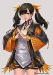  1girl artist_name bracelet brown_eyes brown_hair chinese_clothes closed_mouth grey_background hair_ornament hanfu highres jewelry ling_xiaoyu lips lipstick long_hair long_sleeves looking_at_viewer makeup rungsak_sontayanont simple_background smile solo tekken tekken_8 twintails upper_body 