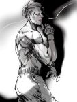  1boy almostghost blonde_hair boxing boxing_gloves boxing_shorts gloves highres hunter_x_hunter looking_at_viewer male_focus monochrome mouth_guard muscular muscular_male phinks_magcub profile short_hair shorts simple_background solo topless 