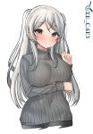  1girl brown_eyes conte_di_cavour_(kancolle) covered_navel grey_hair grey_sweater kantai_collection looking_at_viewer parted_lips ribbed_sweater simple_background solo sweater tf_cafe turtleneck turtleneck_sweater twintails twitter_username two_side_up upper_body white_background 