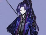  1boy blue_jacket chinese_clothes closed_mouth jacket jia_huan_(limbus_company) limbus_company long_hair long_sleeves looking_at_viewer male_focus open_clothes open_jacket pale_skin parted_bangs pink_eyes ponytail project_moon purple_background purple_hair simple_background sketch smile solo upper_body wochuibaodiege 