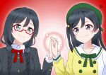  2girls black_hair blush braid commentary_request dual_persona glasses grey_eyes hat hayashi_coco highres holding_hands kusunoki_tomori long_hair love_live! love_live!_nijigasaki_high_school_idol_club multiple_girls nakagawa_nana nijigasaki_academy_school_uniform one_side_up red-framed_eyewear red_background school_uniform semi-rimless_eyewear sidelocks smile swept_bangs twin_braids under-rim_eyewear voice_actor_connection yuuki_setsuna_(love_live!) zero-theme 