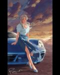  1girl blonde_hair blue_car blue_eyes blue_footwear blue_shirt blue_skirt cars_(movie) dated full_body high_heels highres kkelsey_spring long_hair looking_at_viewer outdoors personification sally_carrera shirt short_sleeves signature skirt smile solo twilight watch watch 