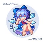  1girl :d artist_name barefoot blue_bow blue_dress blue_eyes blue_hair bow cirno collared_shirt commentary dated detached_wings dress english_commentary fang full_body hair_bow ice ice_wings king_liu lowres open_mouth pixel_art shirt short_hair short_sleeves skin_fang smile solo touhou white_background white_shirt wings 