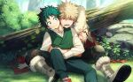  2boys alternate_universe bakugou_katsuki bare_shoulders bead_necklace beads between_legs black_pants blonde_hair blue_pants body_markings boku_no_hero_academia book boots bright_pupils bush buttons cape closed_mouth collared_shirt cross-laced_footwear curly_hair detached_sleeves dorsiflexion dot_nose double-breasted dress_shirt earrings feet_out_of_frame freckles freestyle18 frown full_body fur-trimmed_boots fur-trimmed_cape fur_trim gloves grass green_eyes green_hair green_vest grey_footwear grey_gloves hair_between_eyes hand_on_ground head_tilt hug hug_from_behind jewelry knee_boots knee_pads knee_up lapels leaning_on_person log long_sleeves looking_at_another looking_at_viewer looking_away looking_to_the_side magatama magatama_earrings male_focus midoriya_izuku multiple_boys necklace notched_lapels official_alternate_costume on_grass on_ground open_book open_collar open_mouth orange_cape outdoors pac-man_eyes pants partially_unbuttoned plant red_eyes rock sanpaku shadow shirt shoe_soles short_hair sideways_glance sitting sleeve_cuffs spiky_hair spread_legs straight-on torn_cape torn_clothes tree triangle_print twitter_username uneven_eyes v-shaped_eyebrows vest vines white_pupils white_shirt 