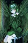  1girl bag corded_phone eyepiece gauze green_theme halo hankyuma highres holding holding_phone long_sleeves looking_at_viewer original parted_lips phone red_eyes short_hair shoulder_bag sitting skirt solo spot_color stool sweater 