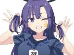  1girl blue_archive blue_eyes blue_shirt blush breasts bunching_hair commentary grin hair_between_eyes halo highres id_card lanyard long_hair looking_at_viewer medium_breasts momomatang one_eye_closed purple_hair shirt short_sleeves simple_background smile solo star_(symbol) star_sticker sticker sticker_on_face upper_body white_background yuuka_(blue_archive) yuuka_(gym_uniform)_(blue_archive) 