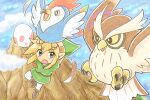  1boy belt blonde_hair blue_eyes blush boots brown_belt brown_feathers brown_footwear clouds egg feathers flying green_headwear kaepora_gaebora link male_focus mountain open_mouth pointy_ears shuri_(syurigame) sidelocks the_legend_of_zelda the_legend_of_zelda:_link&#039;s_awakening windfish&#039;s_egg 