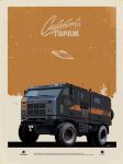  english_commentary flying_saucer ground_vehicle motor_vehicle no_humans original poster_(medium) radio_antenna russian_text science_fiction signature spacecraft star_(symbol) tkachenko_andrey translated truck ufo vehicle_focus 