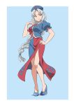  1girl blue_background blue_footwear blue_headwear blue_shirt blue_skirt braid braided_ponytail breasts closed_mouth commentary constellation_print contrapposto full_body grey_eyes grey_hair gyouza_(mhea5724) hand_on_own_hip high_heels highres long_hair looking_to_the_side parted_bangs red_shirt red_skirt shirt short_sleeves simple_background skirt smile solo standing touhou trigram two-tone_shirt yagokoro_eirin 