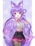  1girl :d absurdres animal_ear_fluff animal_ears belt byuyu cardigan commission fangs fox_ears fox_girl fox_tail highres indie_virtual_youtuber layered_skirt long_hair long_sleeves looking_at_viewer miniskirt open_cardigan open_clothes pantyhose pink_belt purple_cardigan red_eyes second-party_source shake_(noripasuta) shirt skeb_commission skirt smile tail virtual_youtuber white_shirt 