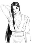  1boy black_eyes black_hair cowboy_shot enyalee greyscale hand_on_own_neck highres hunter_x_hunter illumi_zoldyck long_hair looking_at_viewer male_focus monochrome outstretched_arm solo 
