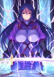  1girl bodysuit breasts electricity fate/grand_order fate_(series) highres japanese_clothes katana kikyouta large_breasts long_hair minamoto_no_raikou_(fate) parted_bangs purple_bodysuit purple_hair sword violet_eyes water weapon 