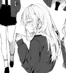  1girl from_side greyscale hands_in_pockets highres long_sleeves looking_at_viewer medium_hair monochrome multiple_views necktie original parted_lips simple_background sketch skirt solo suashi upper_body 