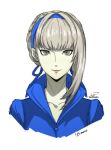  1girl absurdres artist_name blue_hairband blue_ribbon blue_shirt closed_mouth collarbone commentary english_commentary grey_eyes grey_hair hair_ribbon hairband highres lips looking_at_viewer merope_(p5x) persona persona_5 persona_5:_the_phantom_x pink_lips ribbon shirt simple_background smile solo tak0baka upper_body white_background 